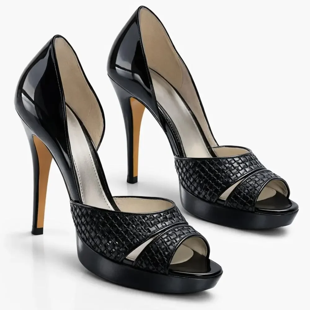 Marc Fisher Black Patent Leather Woven Platform Peep Toe Stiletto Heels Size 6